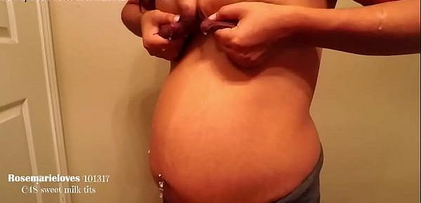  Pregnant Milf breasts milk pumping and hand expressing on pregnant belly. Up close views HD